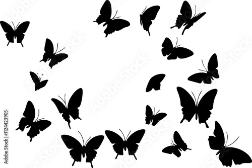 A collection of black butterfly silhouettes in various sizes and positions, perfect for decorative and graphic design uses.