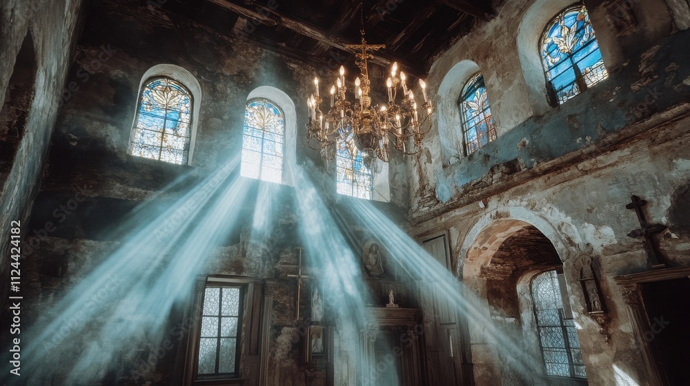 Fototapeta premium Ethereal Light Streaming Through Abandoned Church Windows