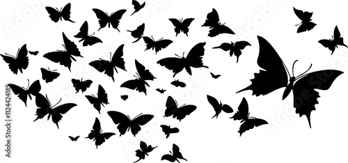 A stunning vector illustration featuring a swarm of black silhouette butterflies in flight, perfect for decorative purposes.