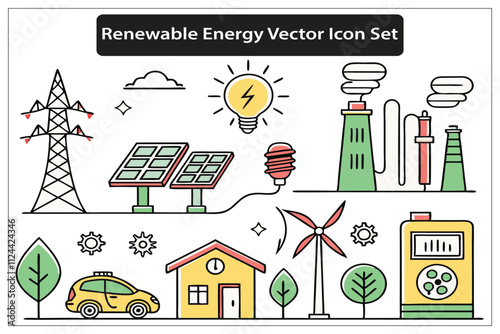 Renewable Energy Vector Icon Set, Solar Panels, Wind Turbines, and Clean Energy Bulbs, Silhouettes and Illustrations Background.