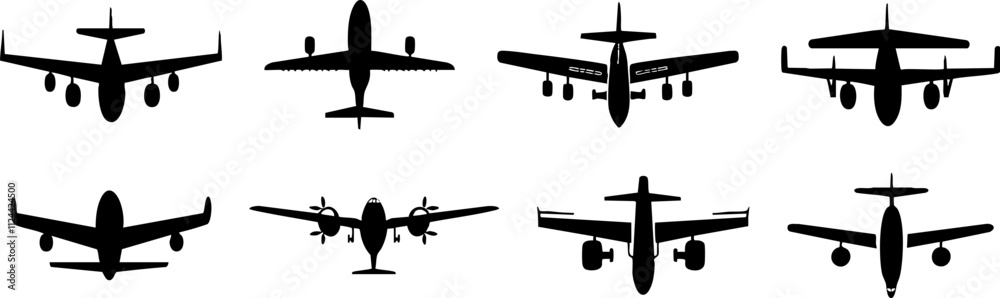 A collection of airplane silhouettes showcasing various aircraft types, ideal for aviation-related designs and travel themes. A collection of airplane silhouettes showcasing various aircraft types, ideal for aviation-related designs and travel themes.