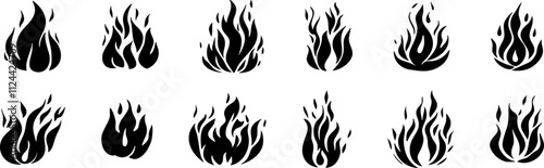 A collection of black flame icons, suitable for various design projects related to fire, heat, and energy.