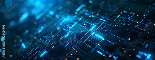 Abstract futuristic background with glowing digital data and circuit board elements on a dark blue backgroun