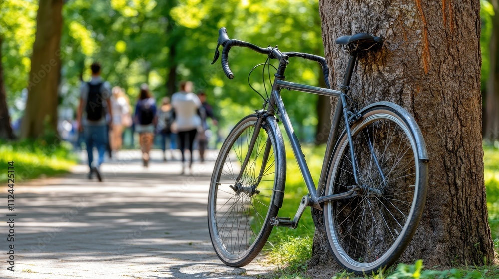 Fototapeta premium Bicycle Parked in a Lush Green Park on a Sunny Day