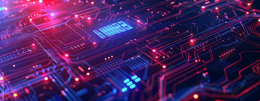 Abstract futuristic background with glowing digital data and circuit board elements on a dark blue backgroun Abstract futuristic background with glowing digital data and circuit board elements on a dark blue backgroun