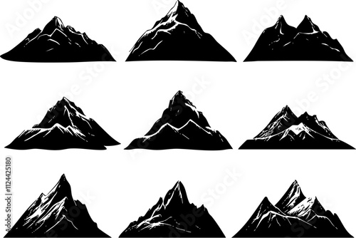 A collection of black and white mountain silhouettes, showcasing various peak shapes and styles for use in design and illustration.