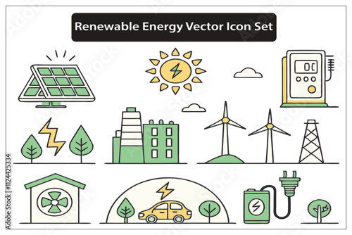 Renewable Energy Vector Icon Set, Solar Panels, Wind Turbines, and Clean Energy Bulbs, Silhouettes and Illustrations Background.