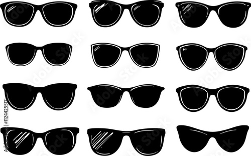 A stylish collection of black sunglasses in various designs, perfect for summer fashion and outdoor activities.