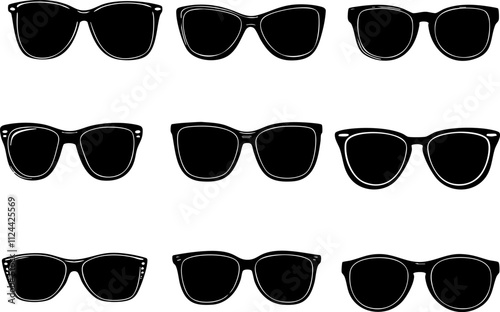 A collection of various black sunglasses designs, showcasing different styles and shapes suitable for summer fashion and sun protection.