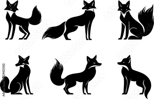 A collection of stylized fox silhouettes, showcasing different poses and expressions. Ideal for wildlife illustrations or graphic designs.