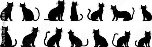 A collection of black cat silhouettes in various poses, ideal for illustrations, designs, and graphic projects.
