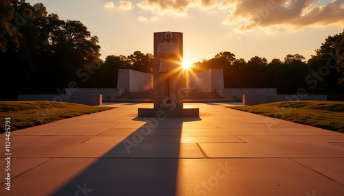 Sunset view of a commemorative statue with long shadows in a peaceful park photo