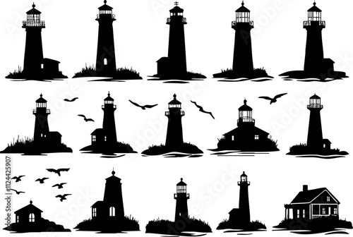 A collection of lighthouse silhouettes, depicting various designs and coastal scenes, ideal for nautical-themed projects.