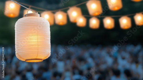 Lunar New Year theme Hanging lanterns glow softly against a blurred crowd backdrop. photo