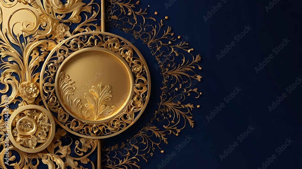Ornate Gold Filigree Design on Dark Blue Background Ornate Gold Filigree Design on Dark Blue Background