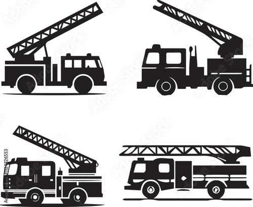 Silhouette Set of Fire Trucks with Ladders - Vector Illustration