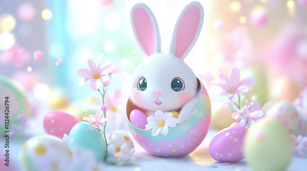 Cute Easter bunny inside colorful egg with flowers and eggs around it, magical background, in soft pastel colors. 3d rabbit, childish style design. Holiday wallpaper, background, banner, poster, card Cute Easter bunny inside colorful egg with flowers and eggs around it, magical background, in soft pastel colors. 3d rabbit, childish style design. Holiday wallpaper, background, banner, poster, card