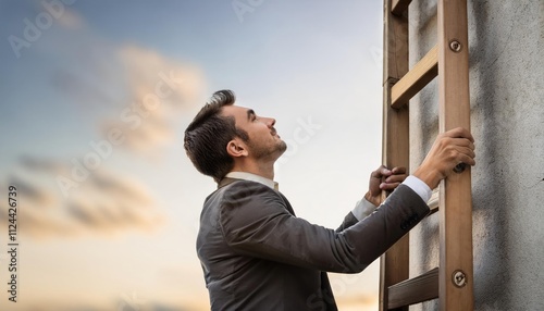 person climbing a ladder up a tall wall or reaching for a high step, symbolizing ambition and career progress photo