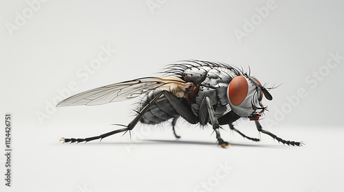 A realistic close-up of a housefly with intricate wing veins, sharply isolated on a white background.