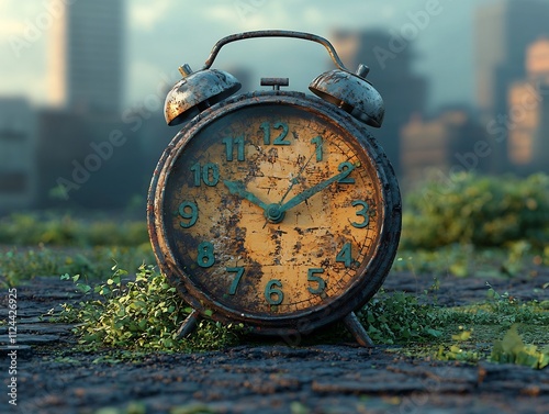 Vintage Clock Ticking Away Disasters of Climate Change on Nature Landscape photo