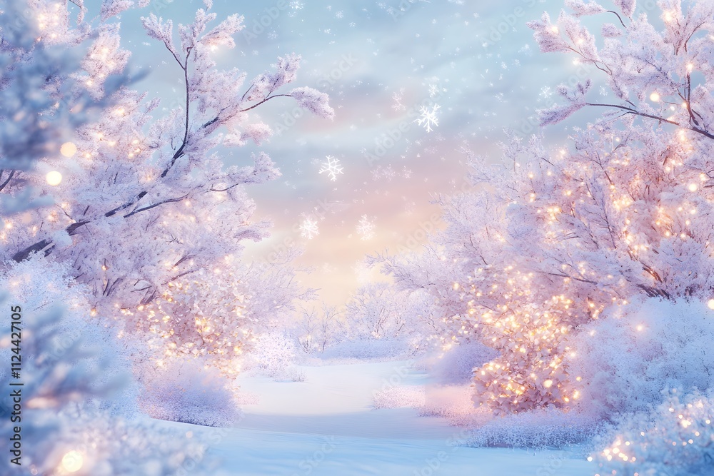 Enchanting Winter Wonderland Scene with Snow-Covered Trees and Fairy Lights Enchanting Winter Wonderland Scene with Snow-Covered Trees and Fairy Lights