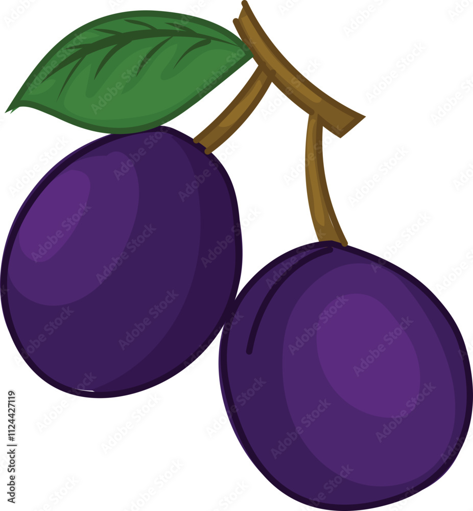 Two ripe plums with green leaf and stems.