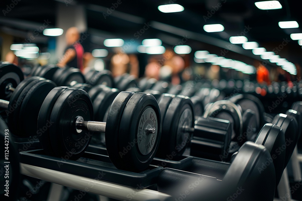 Dumbbells arranged in gym, people walking nearby Dumbbells arranged in gym, people walking nearby
