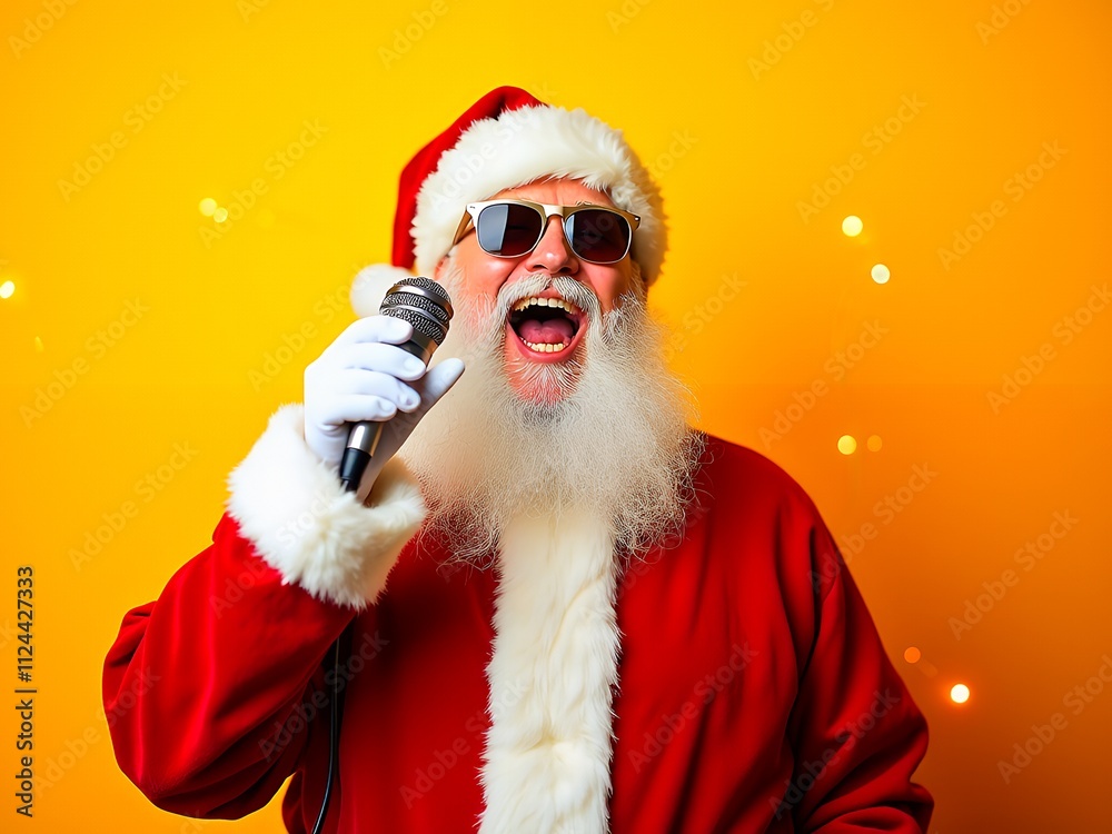 Man in Santa suit joyfully sings against yellow backdrop Man in Santa suit joyfully sings against yellow backdrop