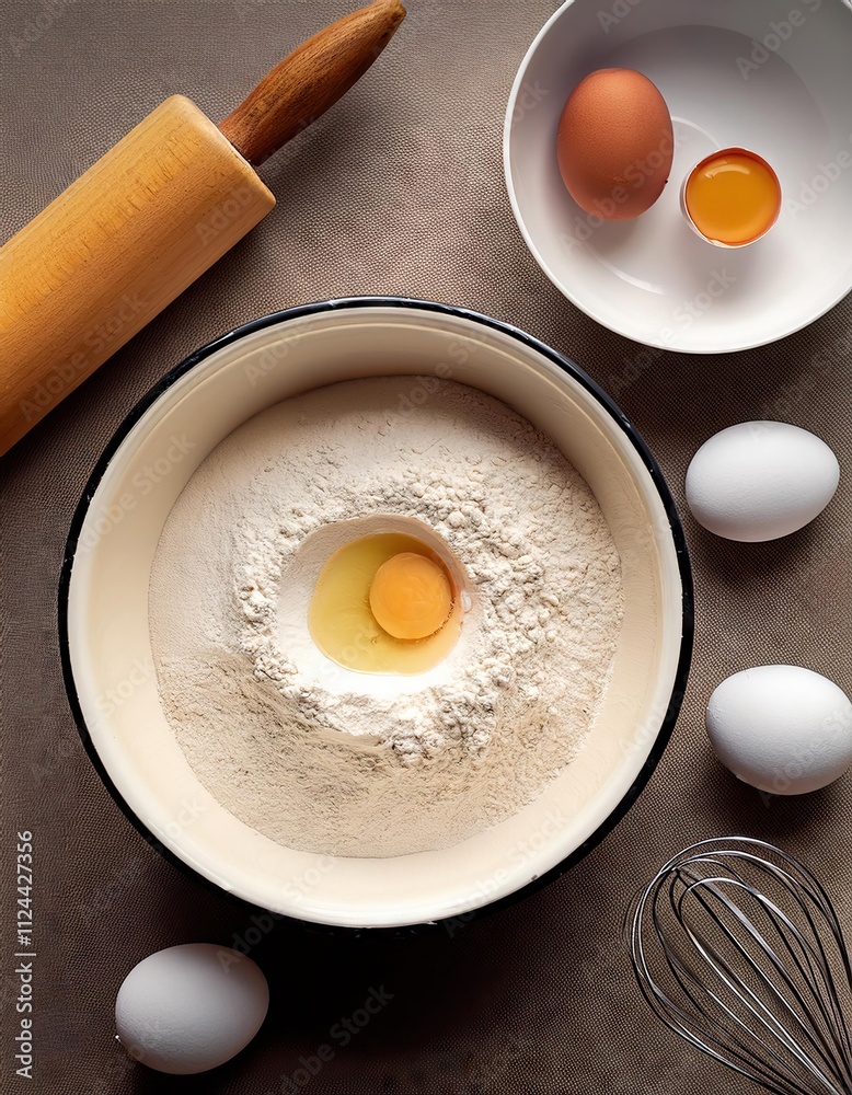 Flat Lay of Baking Ingredients Flour, Eggs, and a Rolling Pin Ready for Pastry Making Flat Lay of Baking Ingredients Flour, Eggs, and a Rolling Pin Ready for Pastry Making