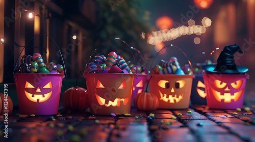 A row of Halloween candy buckets filled with treats, glowing in the dark.