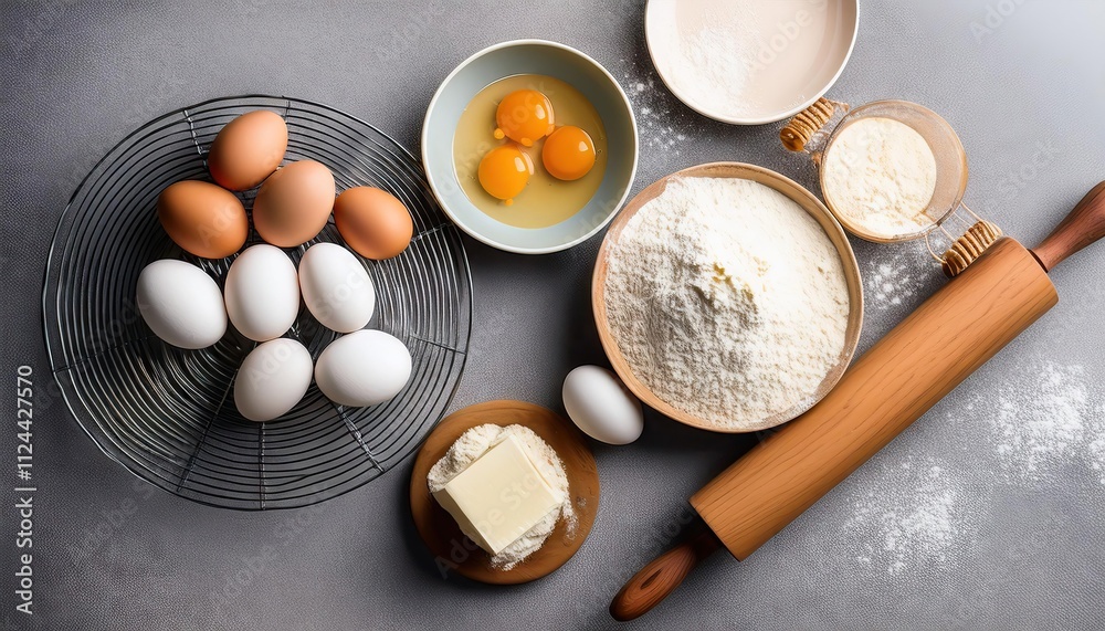 Flat Lay of Baking Ingredients Flour, Eggs, and a Rolling Pin Ready for Pastry Making Flat Lay of Baking Ingredients Flour, Eggs, and a Rolling Pin Ready for Pastry Making