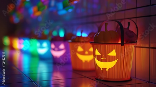 A row of Halloween candy buckets filled with treats, glowing in the dark.