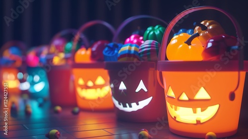 A row of Halloween candy buckets filled with treats, glowing in the dark.