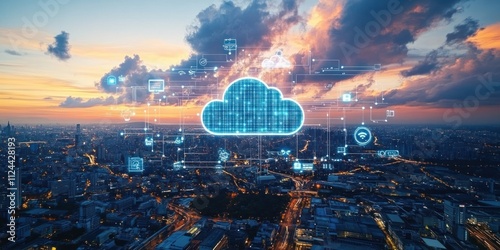 Aerial View of Modern City Integrating Cloud Technology and Communication Networks