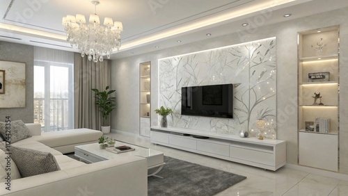 White quartz TV wall with golden streaks, Opulent quartz and gold interiors

