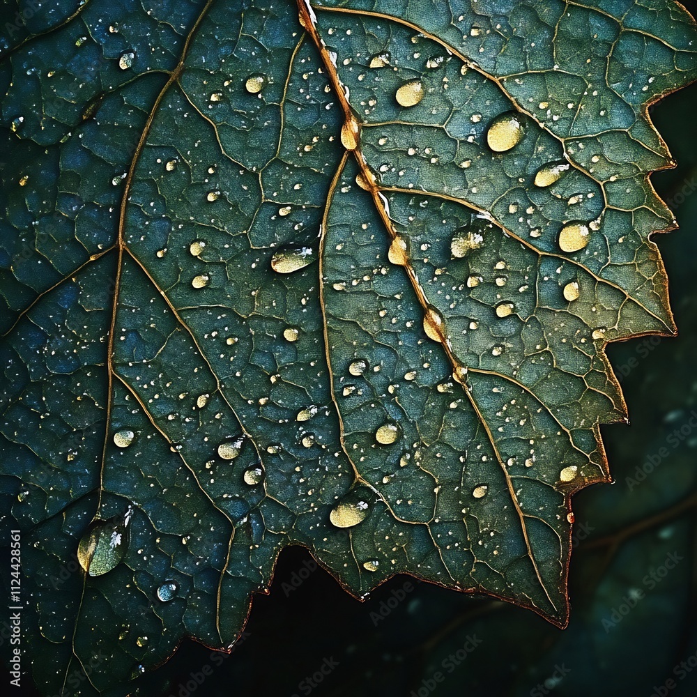 Fototapeta premium Magnified Raindrops Unveil the Intricate Textures and Patterns of a Dark Green Leaf