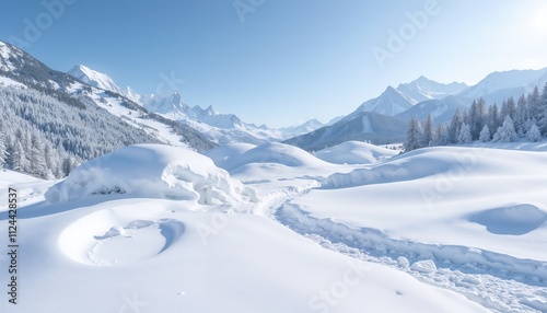 Pristine snowy landscape in the mountains under a bright blue sky