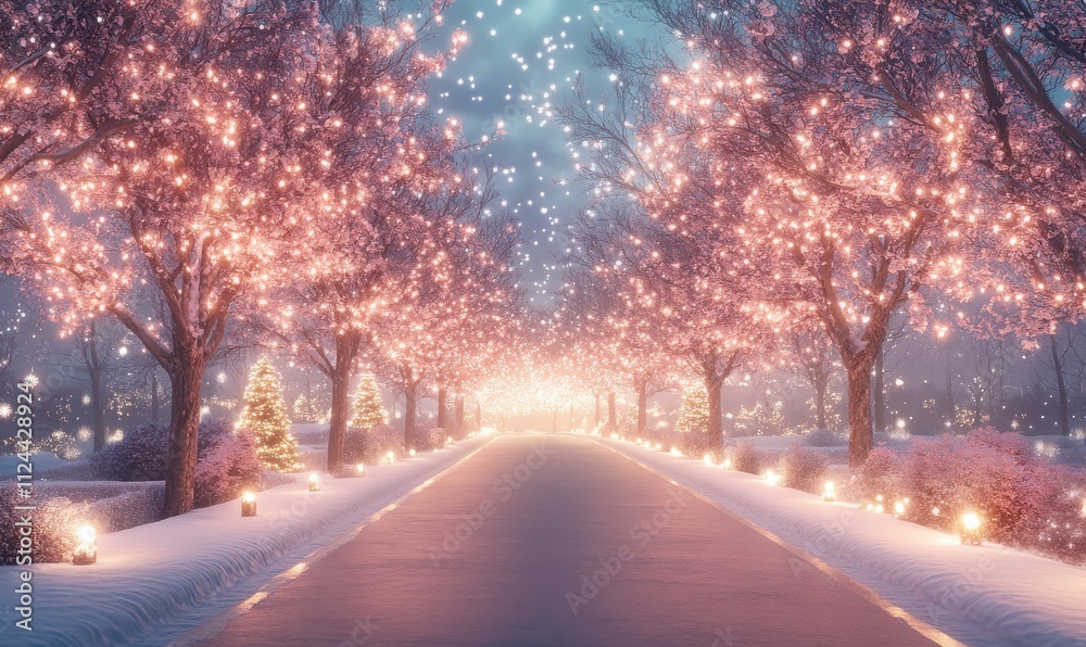 Magical Winter Wonderland with Sparkling Snowfall and Glowing Trees Along a Serene Pathway in a Dreamy Snowy Forest Setting Magical Winter Wonderland with Sparkling Snowfall and Glowing Trees Along a Serene Pathway in a Dreamy Snowy Forest Setting