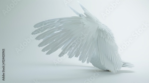 A single white feathered bird wing spread out gracefully on a plain white background.