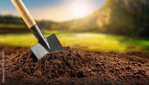  A shovel digging into fresh soil, symbolizing new projects, beginnings, or groundbreaking work photo