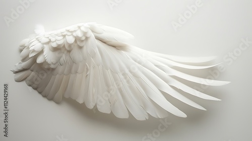 A single white feathered bird wing spread out gracefully on a plain white background.