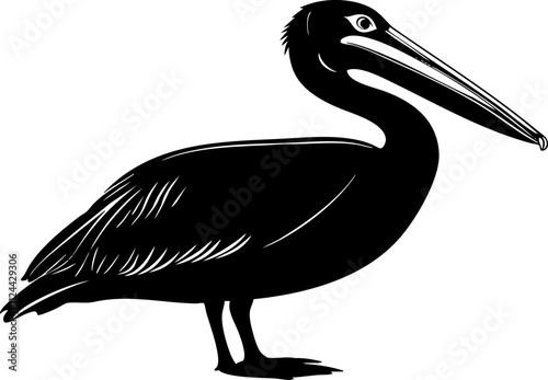A stylized black and white illustration of a pelican, showcasing its distinct long beak and large wings.