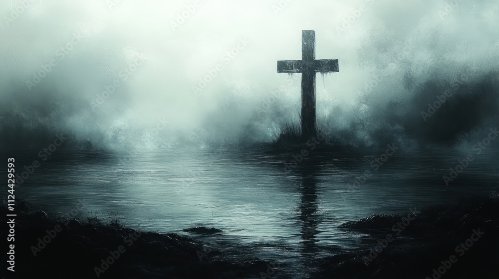 Serene Cross Above Tranquil Waters Serene Cross Above Tranquil Waters