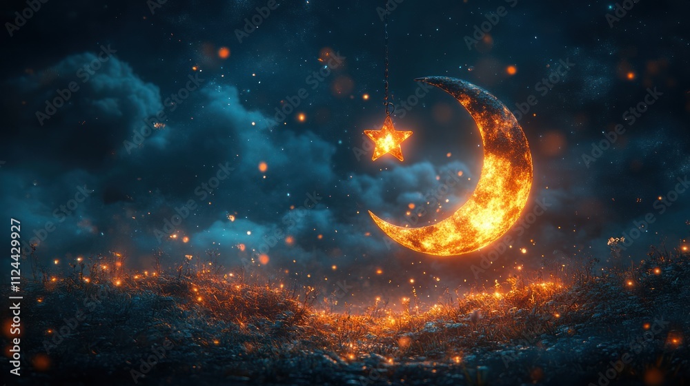Crescent Moon and Star in Mystical Night Sky for Muslim Holiday Celebration