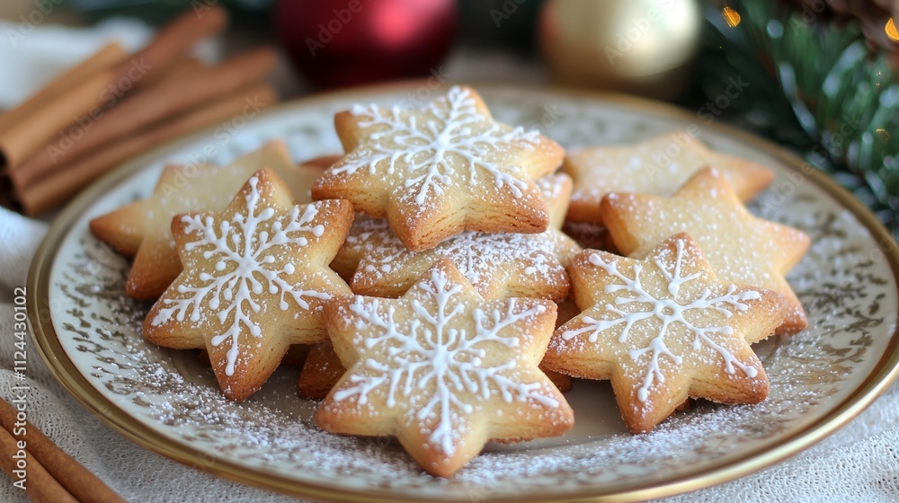 A plate of cookies with white frosting and snowflake designs A plate of cookies with white frosting and snowflake designs