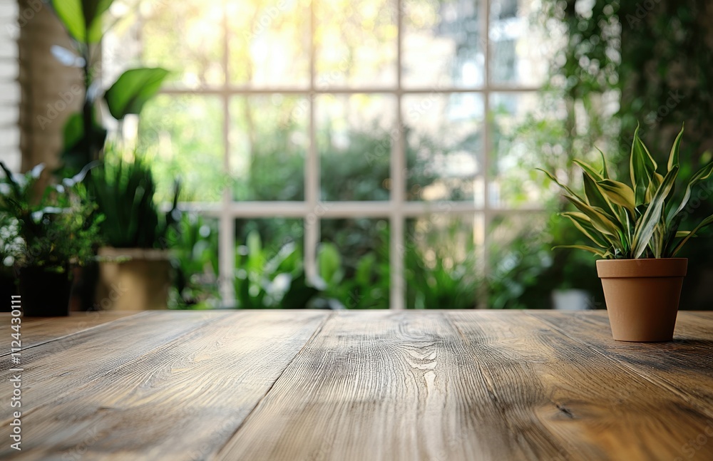 Fototapeta premium Natural Light Streaming Through Windows in a Cozy Indoor Garden Setting with Potted Plants on a Wooden Table Surface