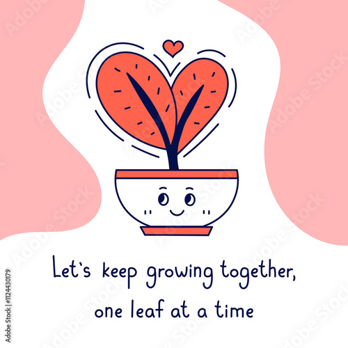 Houseplant Love Valentines Day card with Saying. Hand drawn square romantic banner or poster with plant pot heart shaped leaf and handwriting message. Vector illustration