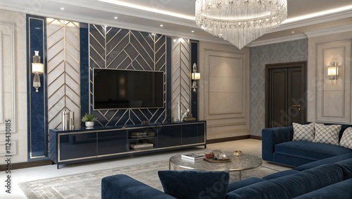 Warm oak TV wall with brushed nickel detailing, Sophisticated oak and nickel interiors

