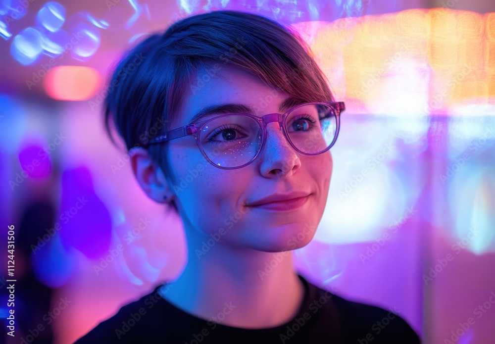 Portrait of a young woman with short hair and glasses, illuminated by colorful lights in a dreamy setting, showcasing expressive emotions and creative atmosphere. Portrait of a young woman with short hair and glasses, illuminated by colorful lights in a dreamy setting, showcasing expressive emotions and creative atmosphere.