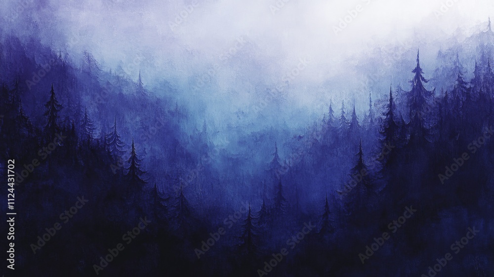 Silhouetted Pine Trees in a Foggy, Blue Forest Silhouetted Pine Trees in a Foggy, Blue Forest